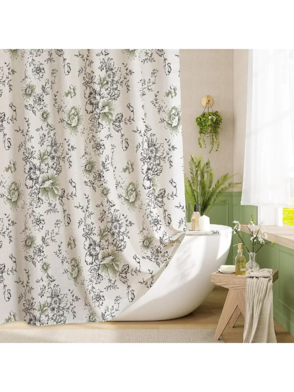 Chic Black Floral Linen Shower Curtain, Cottagecore French Country Style, 72x72